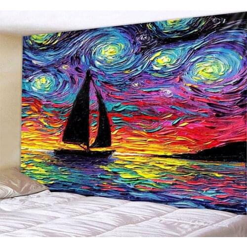 Landscape Tree Sailing Boat Oil Painting Tapestry Living Room Decoration Wall Mount Yoga Mat Bohemian Home Decoration Art