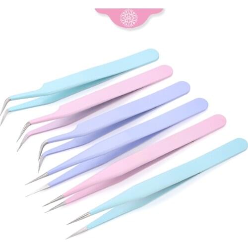 Stainless Steel Eyelash Extension Tweezers Curved Straight Lashes Tweezer Candy-colored high-precision eyelash tweezers tool set