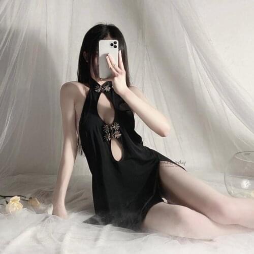 Retro Cheongsam Dress Side Split Dress Temptation Uniform Backless Slip Lace Up Hollow Nightdress Sexy Lingerie Chinese Dresses