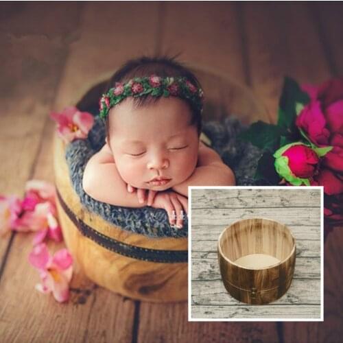 Newborn Photography Props Wooden Bucket Baby Basket Photo Studio Creative Posing Container Infant Shoot Accessories Natural Prop