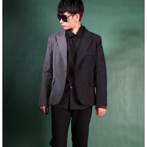Stitching Stripe Personality Men Suit Retro Slim Korean Fashion Blazer Mens Stage Jackets Hair Stylist Male Singer Costume Dress