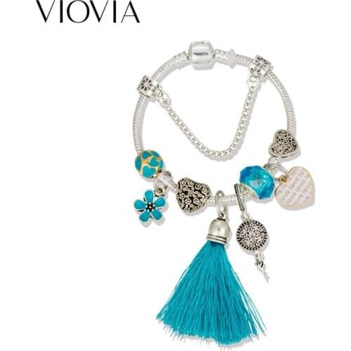 VIOVIA De Moda 2019 Tassel Charm Bracelets Beads With Flower Love DIY Jewelry Pulseras Gift for Women Valentines Gift B19067
