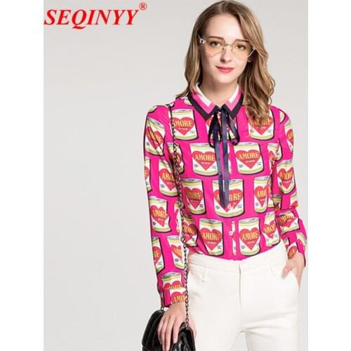 Spring Wild Print Women Shirts 2018 New Fashion Long Sleeve Ribbons Belt Turn-Down Collar Cute Cans Print Office-Lady Rose Tops