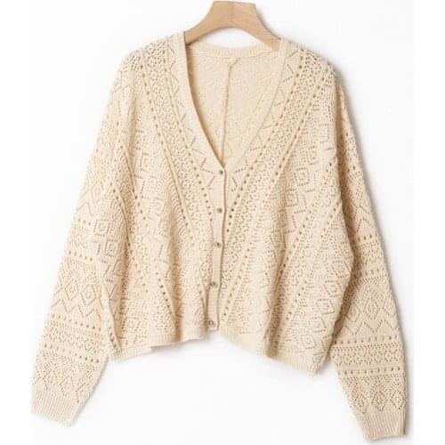 2021 New Women V-Neck Knit Hollow Out Cardigan Ladies Single-Breasted Sweater Knitwear Female Long Sleeve Outwear Tops