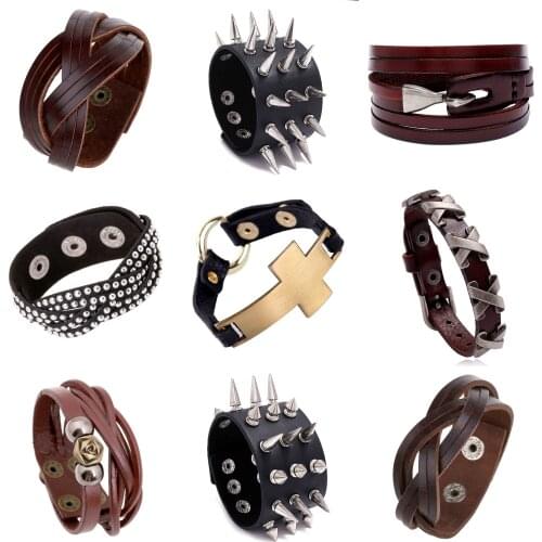 ZIMNO Goth cuspidal spiral Rivet Cone Stud Cuff Black brown Men Leather bracelets gothic Punk Bracelet for women egirl jewelry