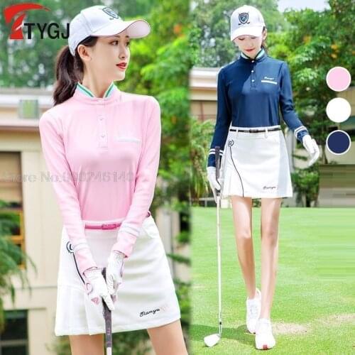 2020 Women Long Sleeve Golf Training T-shirt Tops Women Quick Dry Clothes Sports Golf Tennis Apparel Stand Collar Slim Shirt