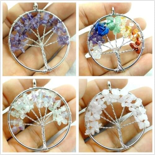 50Mm Natural Stone 7 chakras Quartz Crystal Lapis Tiger Eye Tree of life Pendant For Diy Jewelry Making Necklace Accessories 4pc