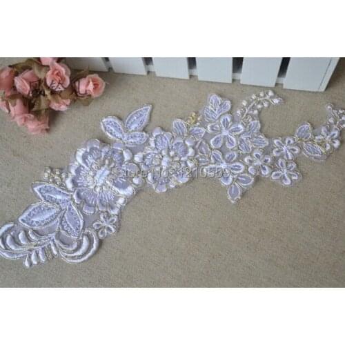 5 PCS 26cm*7.5cm Charming White Gold Lace Patch Embellished DIY Wedding Bridal Lace Applique