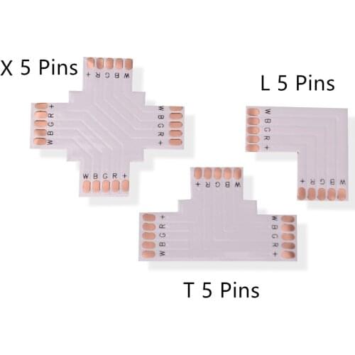 50pcs/lot L T X Shape 12mm 5 Pin 5050 RGBW LED Strip Corner Connector, PCB Board Splitter Connector For Direction Changing U