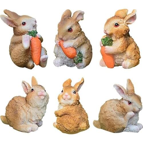 6Pcs Bunny Garden Ornaments Mini Resin Figurines Rabbits Holding Carrots Outdoor Mini Landscape Garden Decoration
