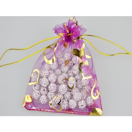 Free shipping 100pcs 9x12cm Hot pink color Drawable heart Organza Bags Christmas Gift Bag Jewelry Packaging Pouches