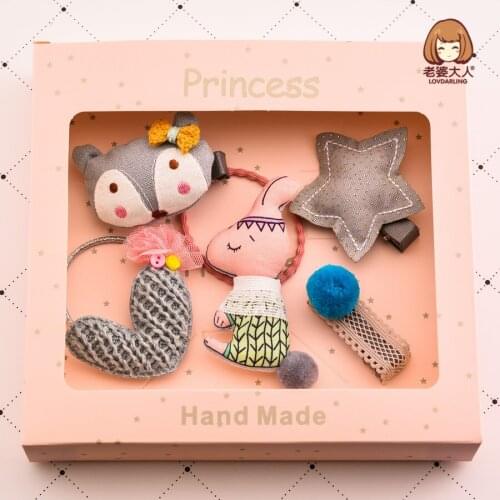 Cloth Cartoon Little Fox Rabbit Star Peach Heart Wool Children Hairpin Combination Set Gift Box Hair Accessories Headdress