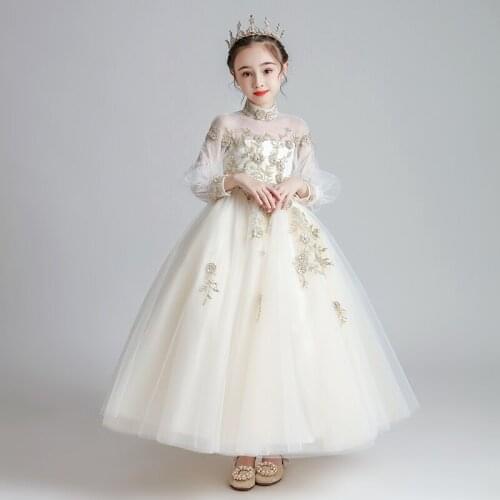 Flower Girl Dresses Full High Princess Lace Sequined Ball Gown Tiered Floor-Length Tulle Pearls Embroidery Kids Party Dress D229