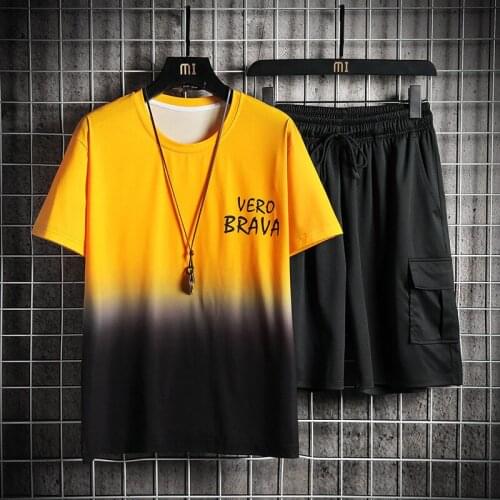 Casual Men T-shirt Two-piece Summer Hip Hop 2021 New Mens Short Sleeve+Pants Harajuku Male Suit Clothes Mens Japanese Loose 5XL