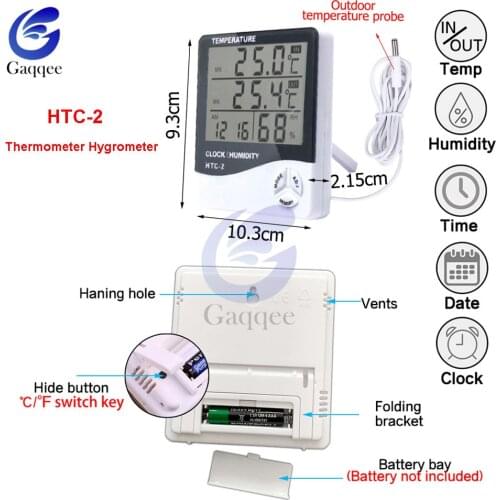 HTC-2 Temperature Humidity Meter Thermometer Hygrometer Indoor Outdoor Weather Station Clock HTC-2 LCD Digital Display