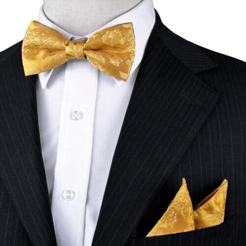New Floral Solid Yellow Gold Tuxedo Bow Tie Pre-tied Mens 100% Silk Handkerchief Set Adjustable For Men Business Casual Party