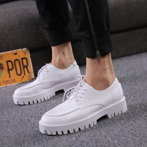 Korean designer mens leisure genuine leather platform shoes lace-up black white shoe street style young gentleman sneakers male