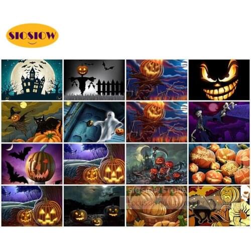 SIOSIOW 5D DIY Ful Square Diamond Painting Halloween Village Rhinestones Pumpkin House Cross Stitch Kit Wall Decor Holiday Gifts
