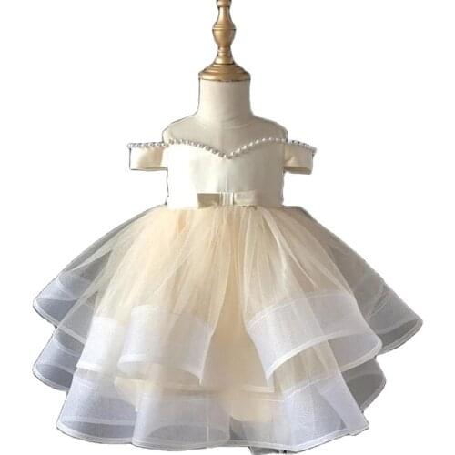 Light Champagne Pearls Flower Girl Dresses Off Shoulder Tiered Tulle Communion Dresses Big Bow Short Girl Wedding Party Dress