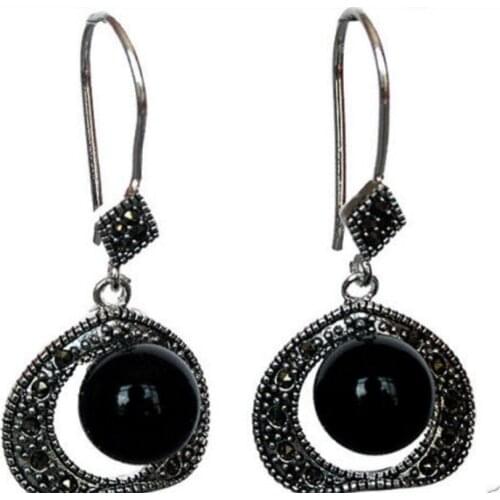 Hot Sell VINTAGE 925 STERLING SILVER 10MM NATURAL BLACK MARCASITE EARRINGS