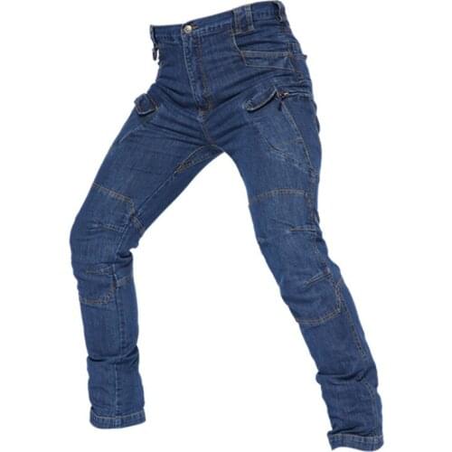 Mens Multi Pockets Elastic Biker Denim Military Tactical Pants Outdoor Camping Hiking Hunting Army SWAT Military Denim Trousers