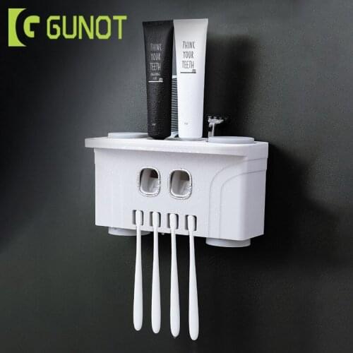 GUNOT Wall Mount Toothbrush Holder Automatic toothpaste squeezer dispenser Suction 4 Cup Bathroom Set Accessories Storage Rack