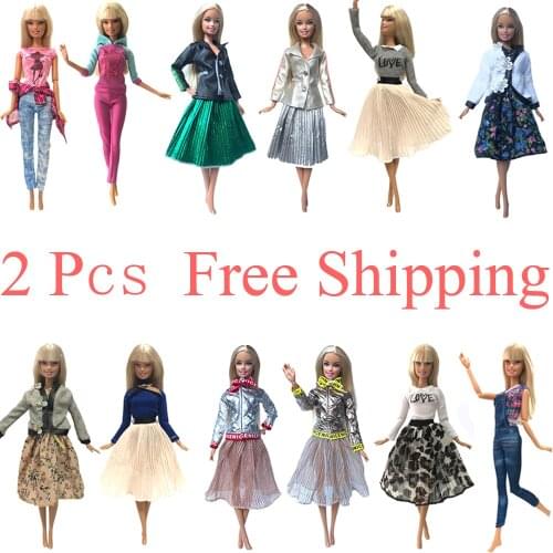 NK 2 Pcs /Set Doll Hot sale Dress for Barbie Doll Casual Daily Wear Twins Outfit Skirt Fashion Clothes Accessories Kids Toy JJ