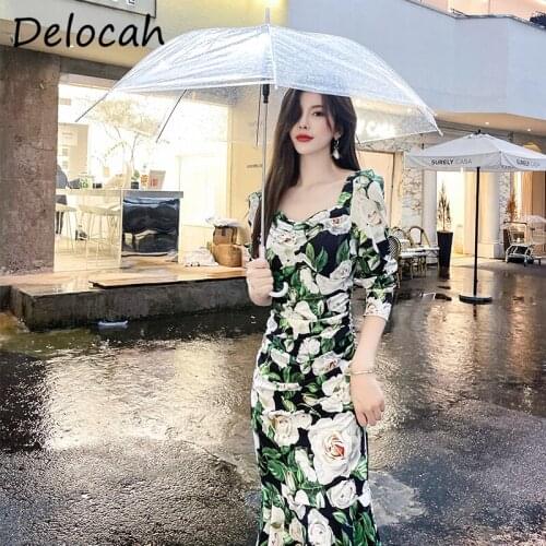 Delocah New 2021 Autumn Women Fashion Designer Mermaid Dress Half Sleeve Draped Floral Print Elegant Slim Ladies Dress Vestidos