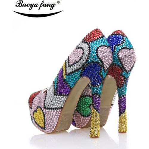 Luxury crystal Wedding shoes Women 2017 fashion shoes Multicolored Rhinestone high heels party shoes high Pumps real leather