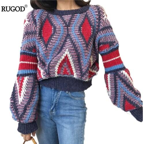 RUGOD 2019 Fashion Loose Christmas Sweater Lantern Sleeve O-neck Striped Women Sweater Casual Short Winter Pull Femme Hiver