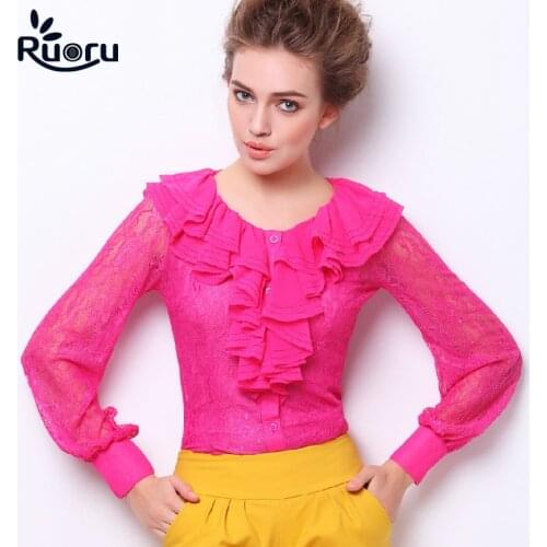 Ruoru Lace Women Body Shirt Ruffled Tops Carrier Wear Long Sleeve Slim Body Blouse Fashion Bodysuit Feminina Shirt Office Blouse