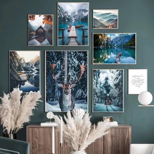 Nordic Landscape Wall Art Prints Lake Deer Moutain Posters On Wall Frameless Nature Forest Canvas Paintings Home Decor
