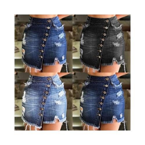 Women Summer Ripped Hole Skirts Denim Jeans Mini Skirt High Waist Button Skirts Jupe Femme