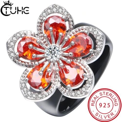 New Luxury Big Flower Ceramic Rings For Women With Shining Red Rhinestone Exaggeration Personality Fashion Wedding Jewelry Gift
