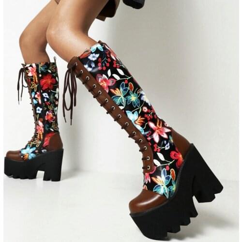 Lady Autumn Winter Embroidered Knee High Boots Fashion Platform Cross Tied Zipper Women Shoes Female Super High Heel Long Boots