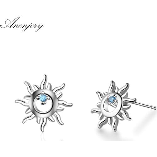 ANENJERY 925 Sterling Silver Blue Zircon Sun Flower Earrings Earrings For Women S-E749