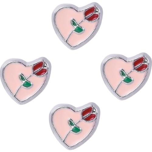 F133 Heart Shape Rose Flower Enamel Charms For Floating Glass Locket 8*7mm