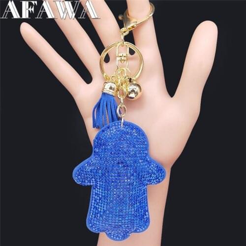2021 Islam Hamsa Hand Crystal Keyring for Women Blue Gold Color Tassel Chain for Pants Jewelry porte clefs bijou de sac K2524S01