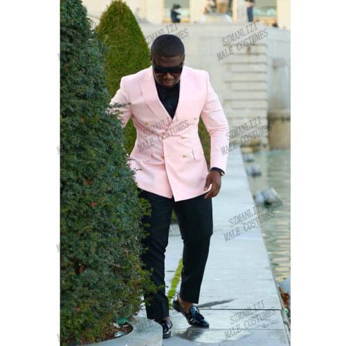 2021 New Design Costume Groomsmen Peak Lapel Groom Tuxedos Pink Double Breasted Men Suits Wedding Best Man Blazer (Jacket+Pants)