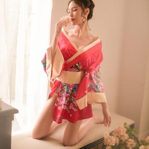 2022 Japanese kimono slik Floral Print sexy lingerie nightgown chemise cosplay erotic underwear babydoll costumes AD476