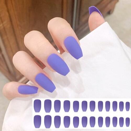 24pcs Purple Fake Matte Tips Press On Nail Solid Reusable Detachable Medium Long Flat Fully Paste Into False Nails Art Manicure