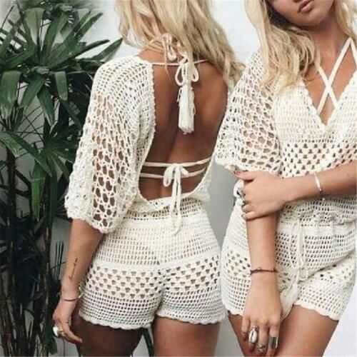 New White Hollow-Out Crochet Knitted Beach Cover Up Bikini Swimsuit Cover-ups Backless Beach Wear Beachwear Female Women K2178