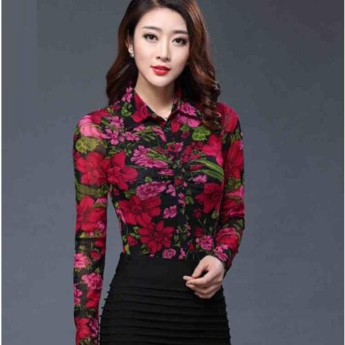 Fall Spring Fashion Woman Female Red Flower Pattern Mesh Stretch Long Sleeve Blouse , Casual 4xl XXL Blouses Shirts For Women