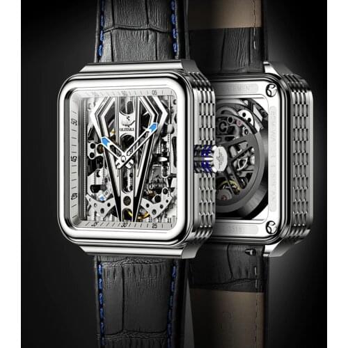 Mens Mechanical Watch Luxury Sports Automatic Watch Rectangle Stainless Steel Sapphire Glass 5Bar Waterproof Wristwatch OUPINKE