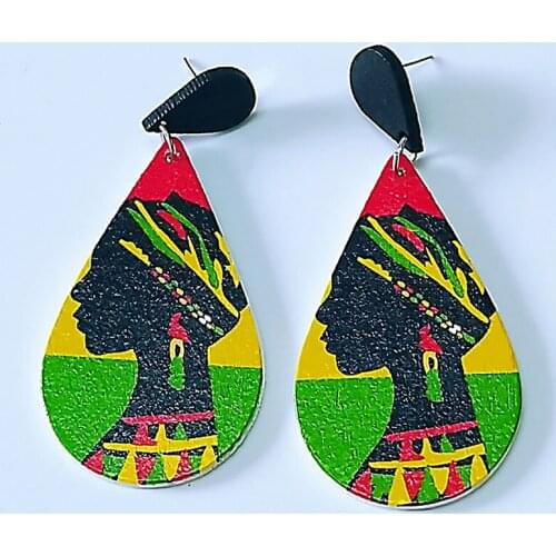 Wood Colorful Printing Africa African Queen Black Lady Drop Earrings Women Wooden Fashion Hiphop Tribal DIY Vintage Ear Jewelry