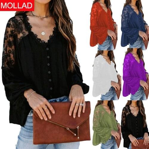 European And American Ladies Solid Color Casual Lace Shirt Loose V-neck Lantern Sleeve Base Shirt