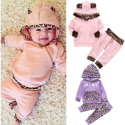 Infant Toddler Newborn Baby Girl Clothes Leopard Side Pink Coat Hoodie Top Sweatshirt Pants Leggings Outfits Set