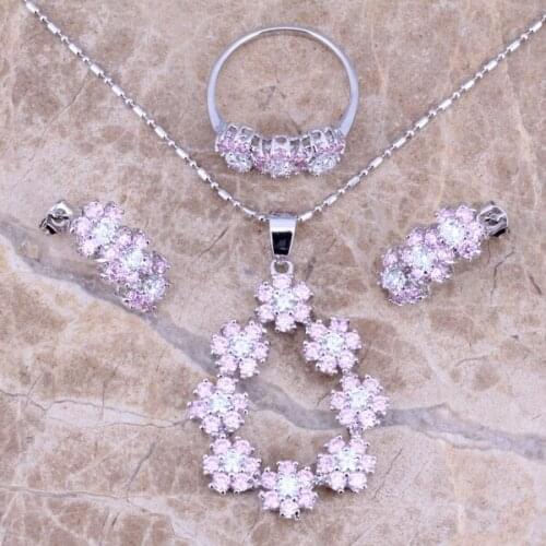 Enjoyable Pink White CZ Silver Plated Jewelry Sets Earrings Pendant Ring Size 6 / 7 / 8 / 9 / 10 S0147