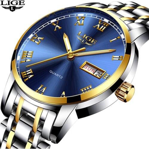 2019 LIGE Luxury Brand Men Stainless Steel Gold Watch Mens Quartz Clock Man Sports Waterproof Wrist Watches relogio masculino