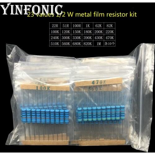 23 Values 1/2W 1% metal film resistors 5-Band-Code 22R-1M each 10 pieces Total 230 pieces Resistor Kit